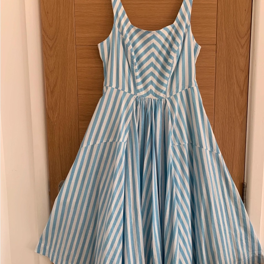 Blue and White Sleeveless Fit and Flare Sundress